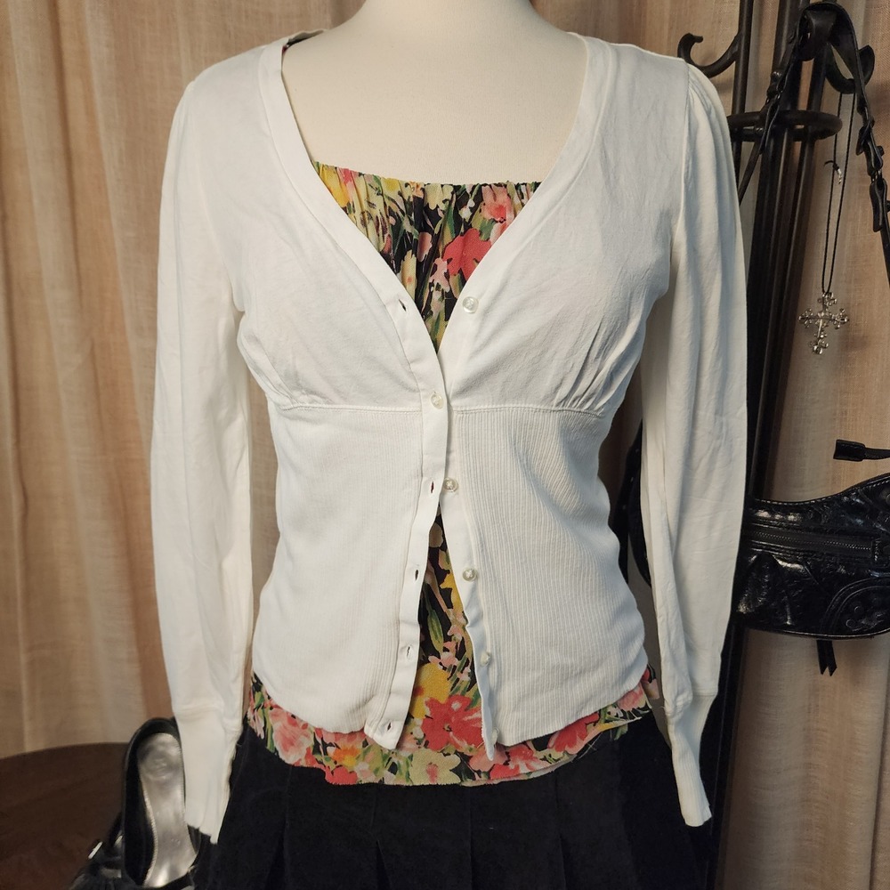 No Boundaries Y2K Ivory Fitted Cardigan XL 15/17 Ribbed Waist Cotton 2000s